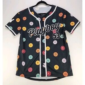 Playboy Baseball Shirt/Jersey Men's Size Medium Floral Print Black 53 Button Up